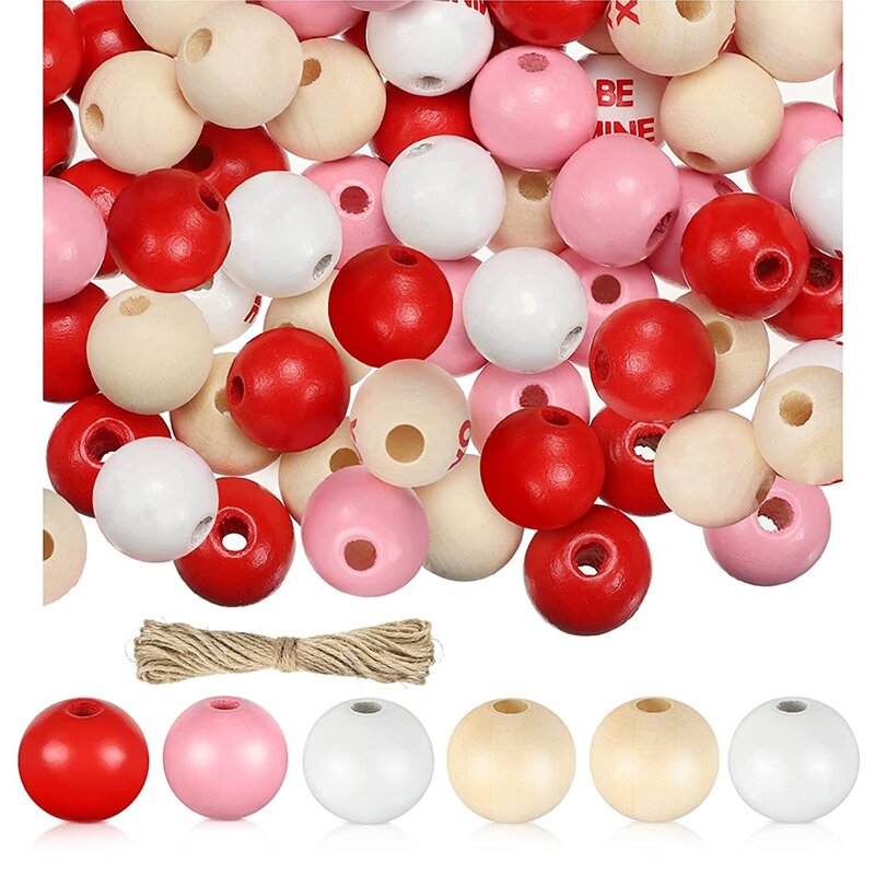 Perles rondes artisanales en bois avec corde pour la saint-valentin, faites à la main, 200 pièces