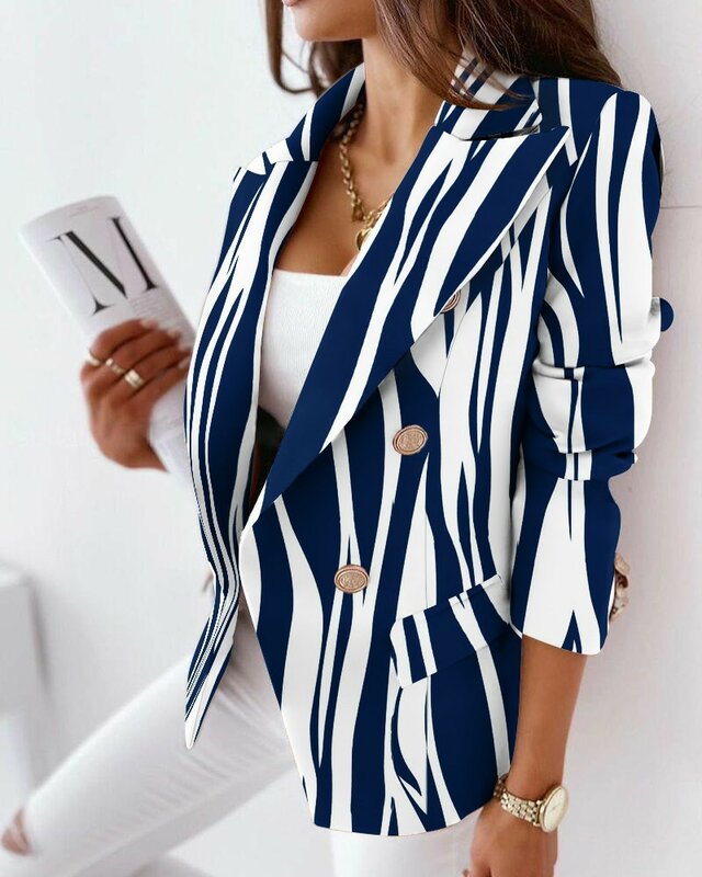 2022 primavera nova impressão geométrica feminina de mangas compridas abotoado blazer frontal para senhoras de escritório blazer