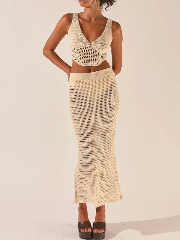 Women Crochet Knitted Skirts Set Outfits Sleeveless V-neck Vest with Hollowed Long Skirt Beach Cover Up