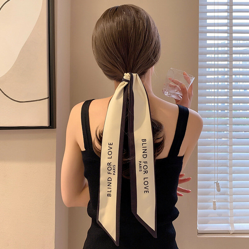 Long Letter Silk Scarf Hair Ribbon Streamer French Retro Wind Tie Hair Tie Bag Spring and Autumn Hair Bow Headdress