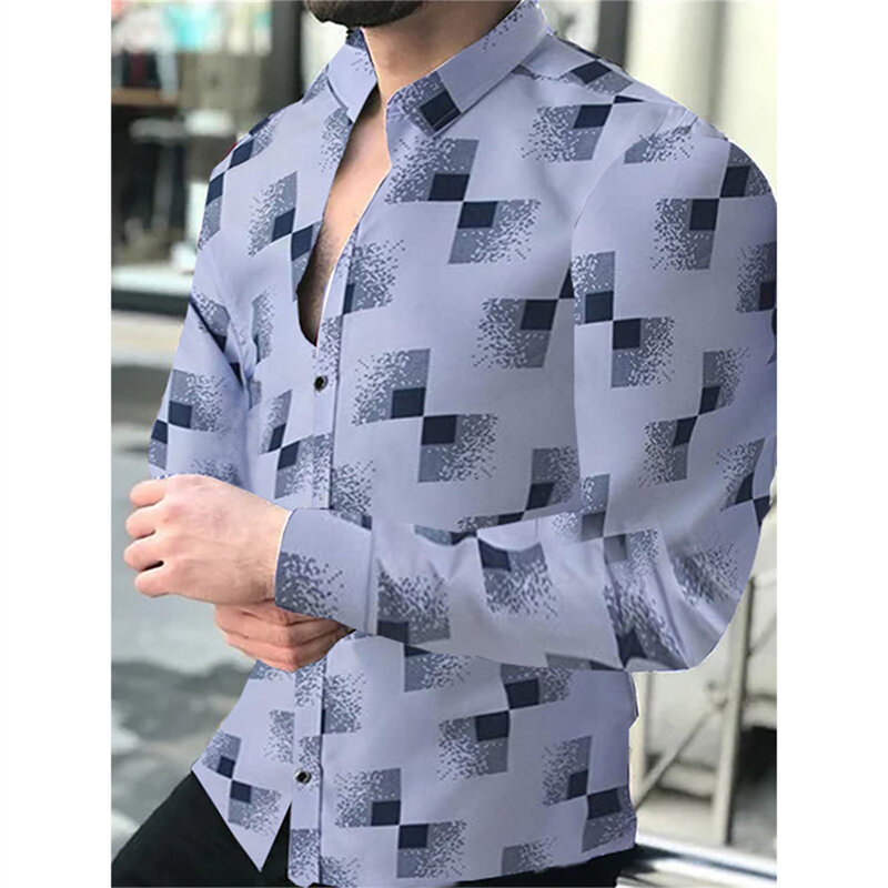 Mode soziale Männer Hemden Turn-Down-Kragen geknöpftes Hemd lässig Gitter druck Langarm Tops Herren Kleidung Streetwear Cardigan
