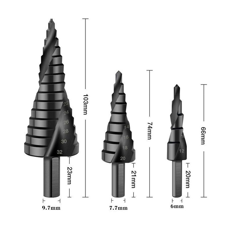 3PCS 4-32mm HSS Cobalt Step Drill Bits Nitrided Helical Metal In Drilling Drill Bit Triangular Shank Metal Drill Bit Set Tools