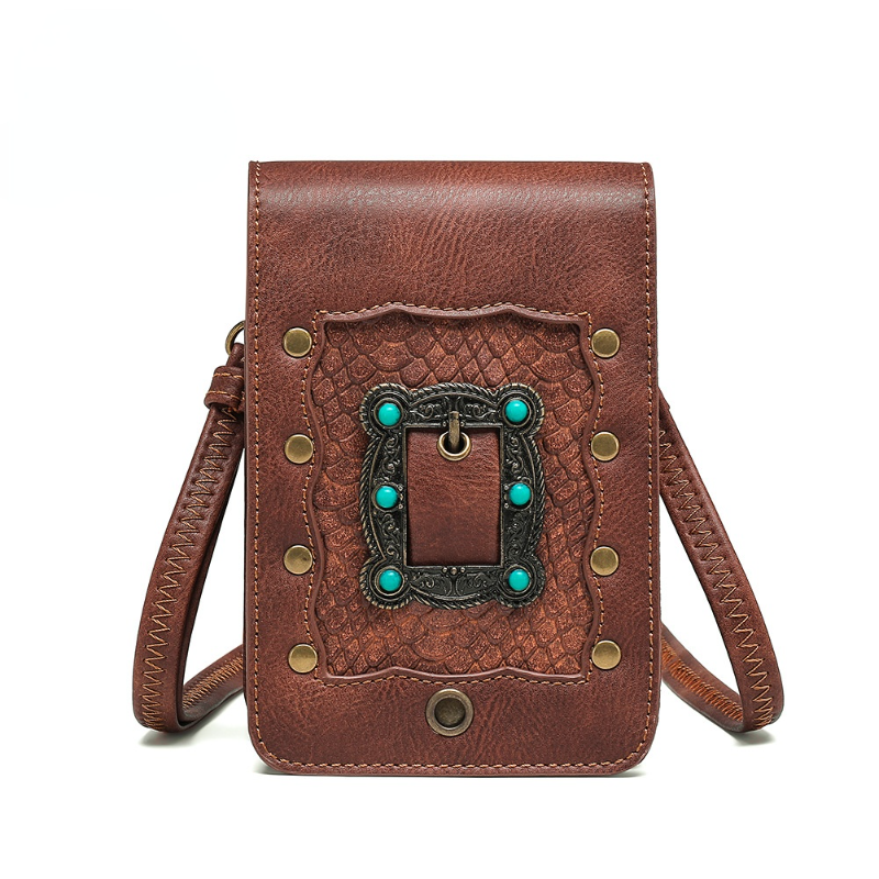 Bolso diagonal de hombro punk de estilo medieval, mini bolso cuadrado pequeño para teléfono móvil de viaje al aire libre