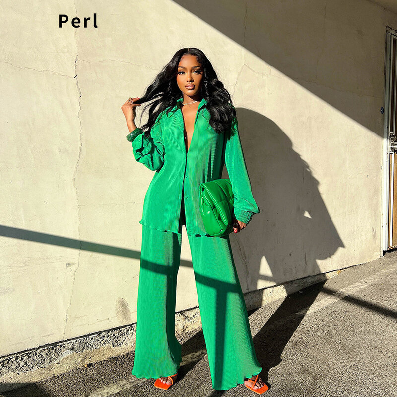 Perl Fashionable and Comfortable Pleate Wide Leg Pants Suit Two Piece Sets Womens Outifits Club Matching Tracksuit Streetwear