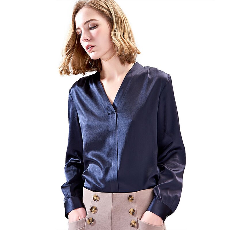 الحرير الخالص تمتد الساتان قميص المرأة مكتب سيدة أنيقة الأزرق الداكن قمصان طويلة الأكمام الخامس الرقبة