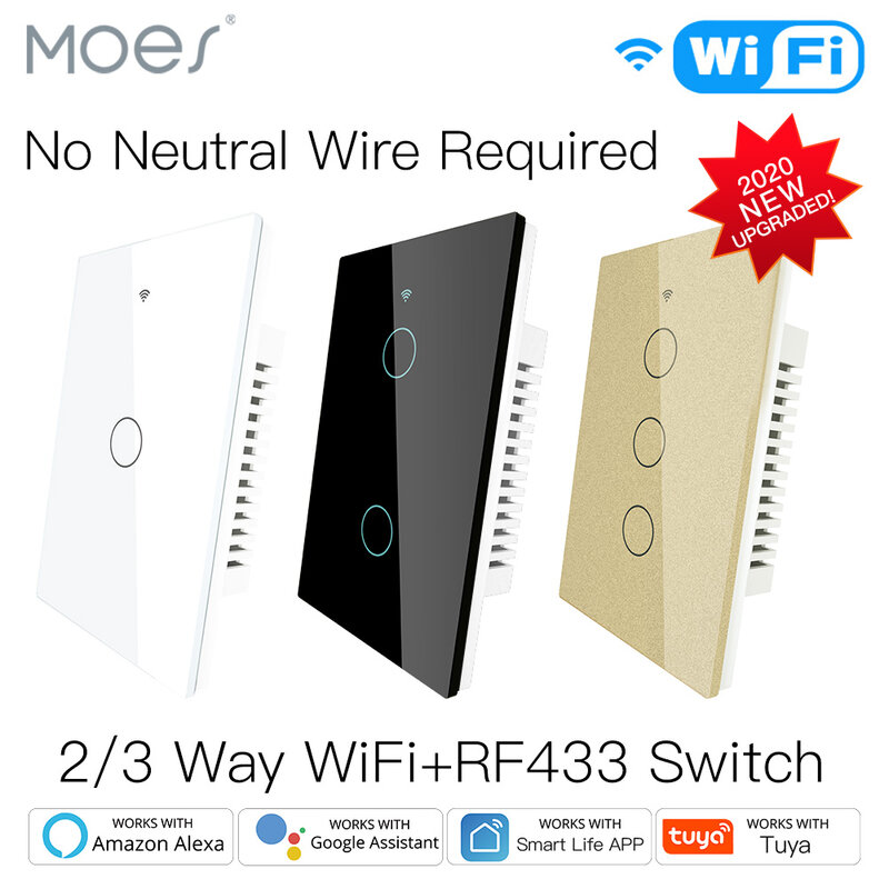 MOES WiFi Smart Light Switch RF433 No Neutral Wire Single Fire Smart Life Tuya App Control Works with Alexa Google Home 110/220V