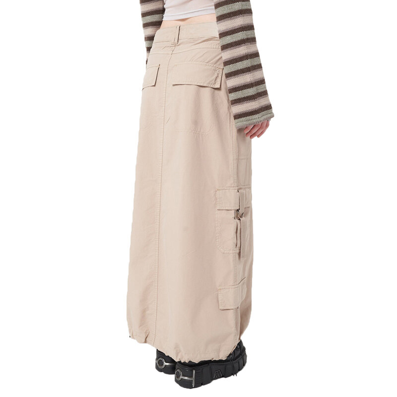 Falda de estilo europeo y americano para mujer, falda de algodón con costuras 2022, cómoda, informal, caqui, con múltiples bolsillos