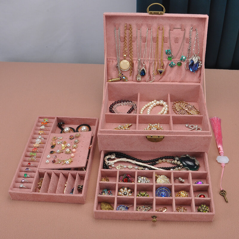 Três camadas caixas de jóias com bloqueio grande caixa organizador de jóias de veludo colar brincos anéis exibição titular caixa de armazenamento