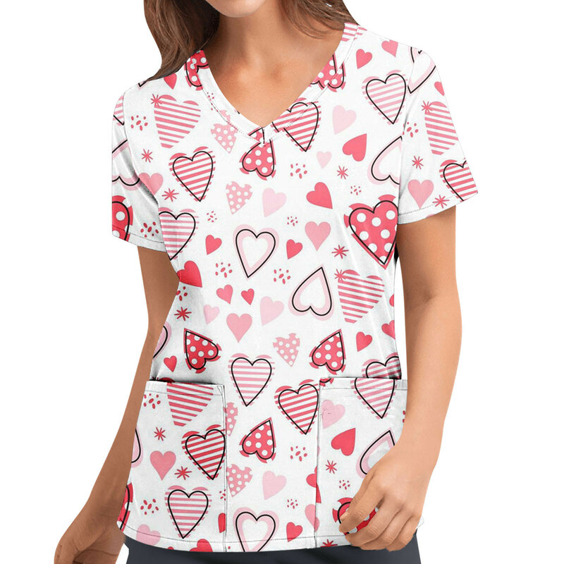 女性のためのバレンタインデーのユニフォーム,ハートプリントの半袖Vネックシャツ,ポケット付きの作業服,2022