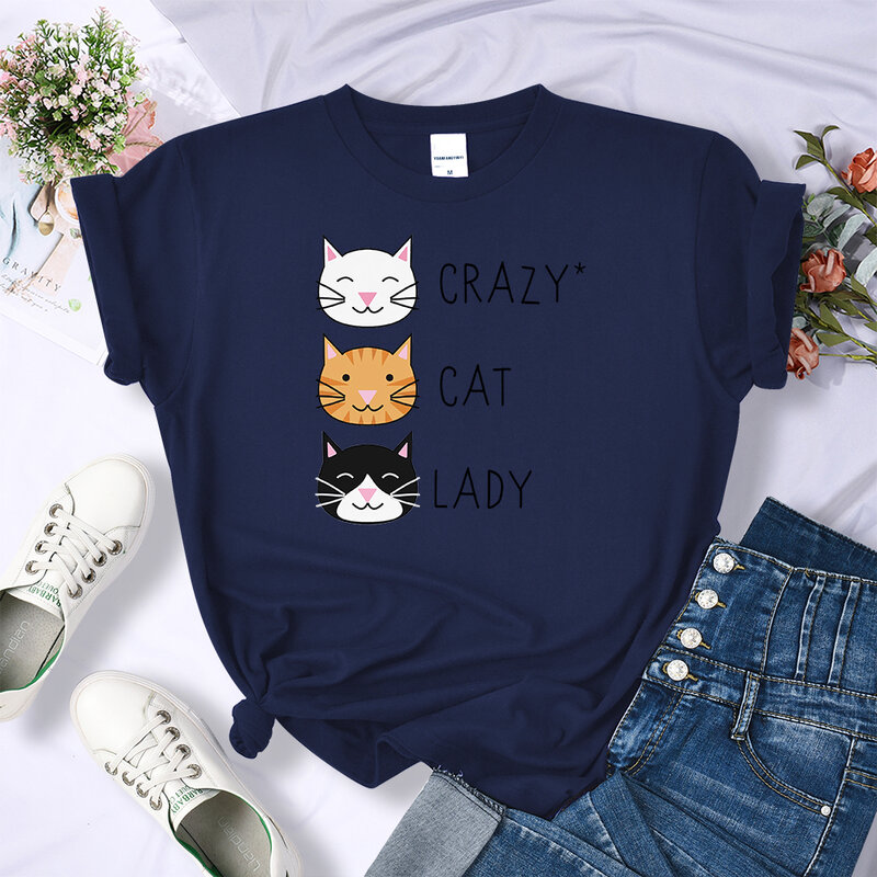 Crazy Cat Lady-Camiseta de Hip Hop para mujer, ropa de moda para mujer, Top nuevo, Camiseta de cuello redondo para mujer, Camiseta holgada informal
