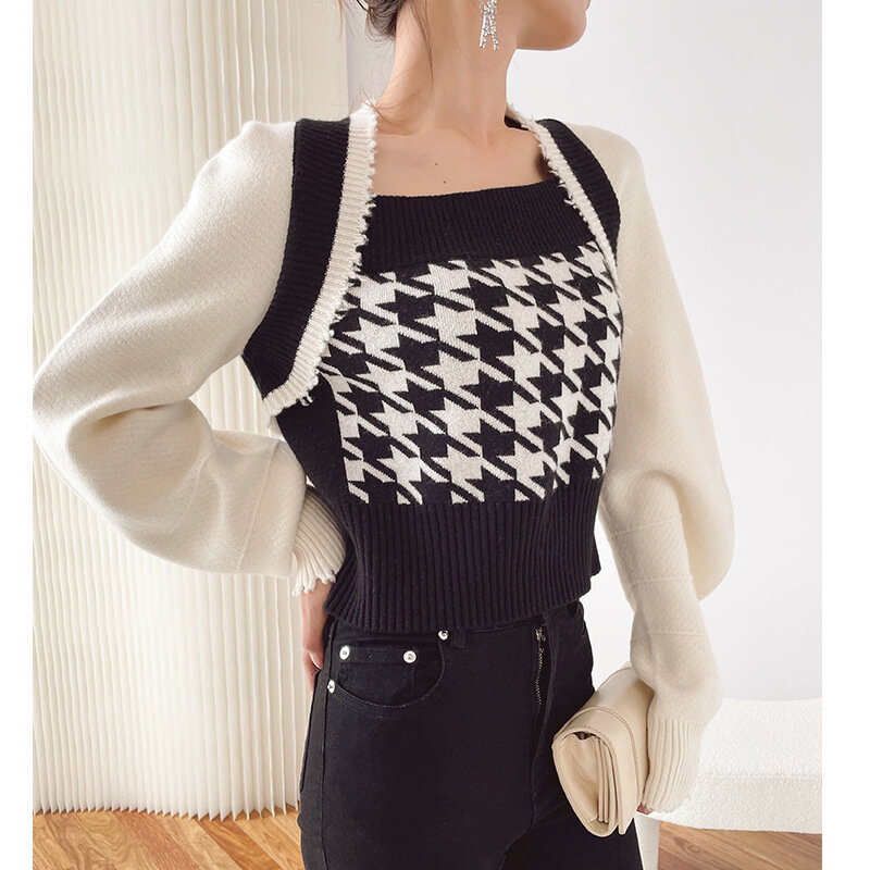양모 탑 패션 2022 새 항목 여성을위한 쌍 된 옷 미적 두 가짜 스퀘어 넥 풀오버 여성 스웨터 추악한 Traf Y2k