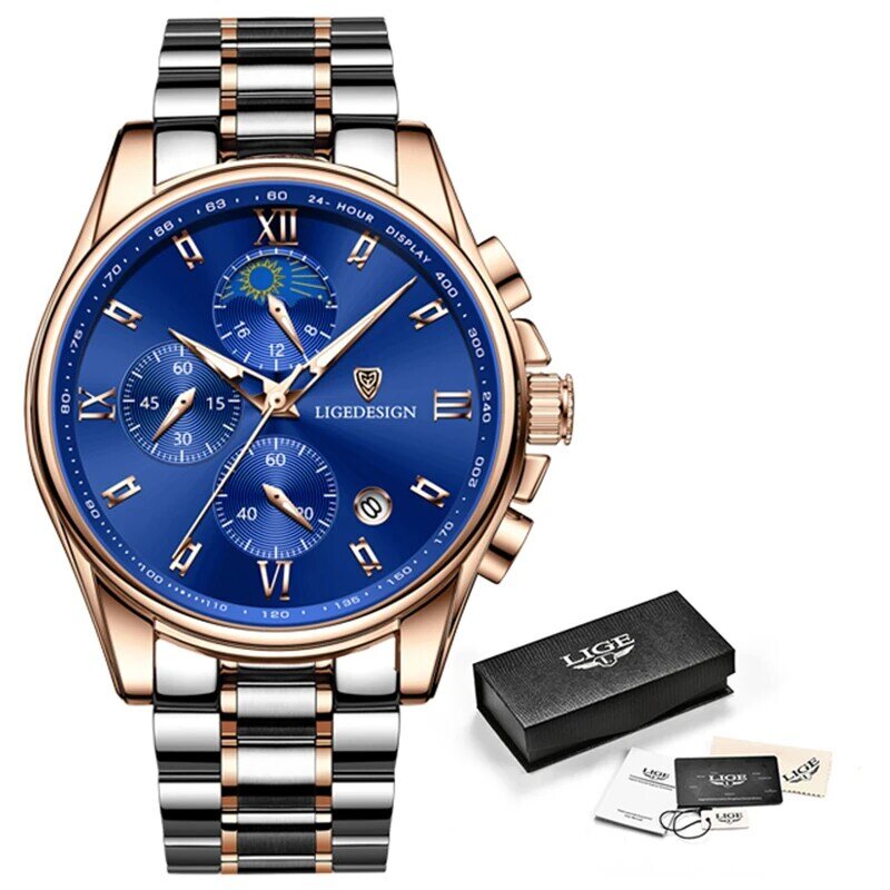 LIGE Luxury Fashion Original Men Sports Wrist Watch Rose  Gold Quartz Steel Waterproof Military  Clock Watches Relogio Masculino