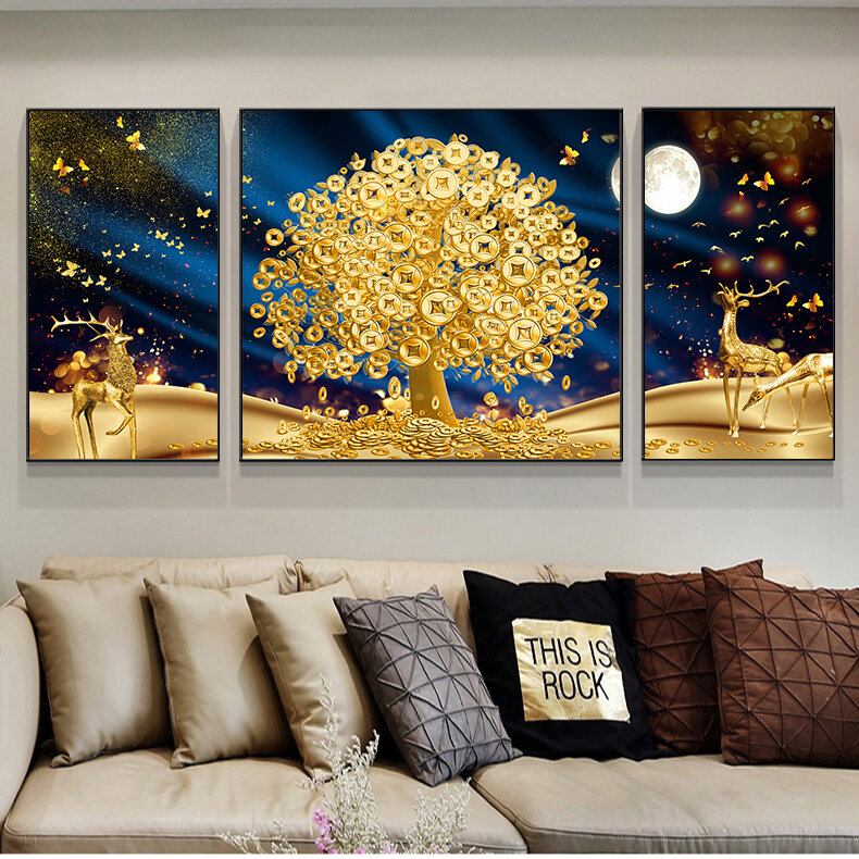 Złoty łoś płótno z drzewem plakat do dekoracji płótno malarstwo Nordic Room nowoczesne wydruki artystyczne plakaty ścienne obrazy do salonu sztuka bez ramki