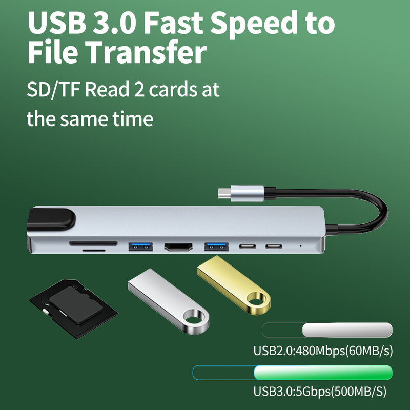 8 in 1 USB Cハブ,タイプCからUSBアダプター,ドッキングステーション,USB C,MacBook Pro,m1,スイッチドック,4k,HDMI,Nintendo Switch用