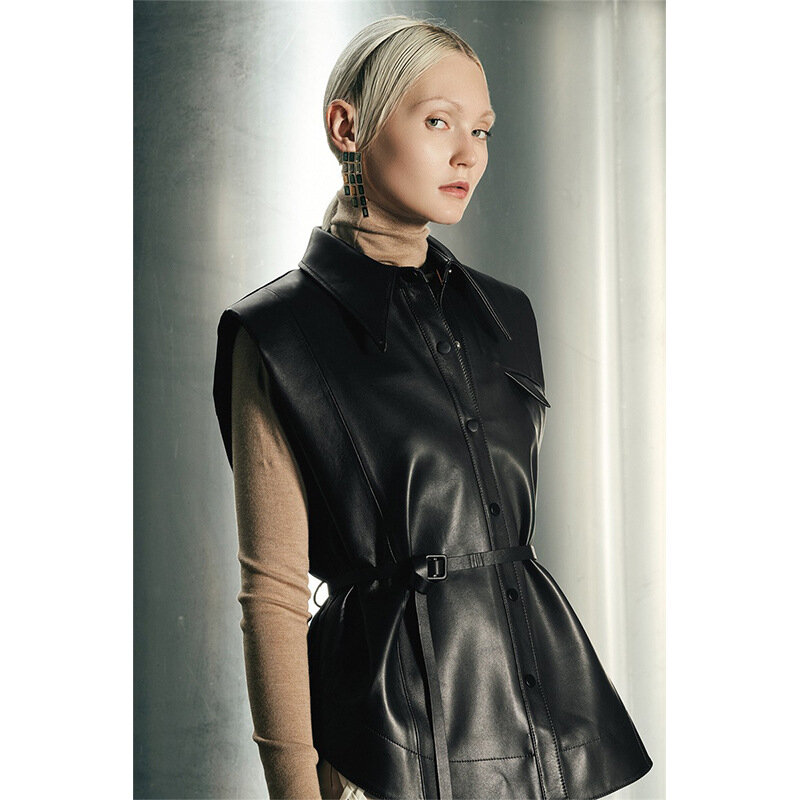 2022 New Arrival Women Fashion Simple  Single Breasting Genuine Sheepskin Leather Vest