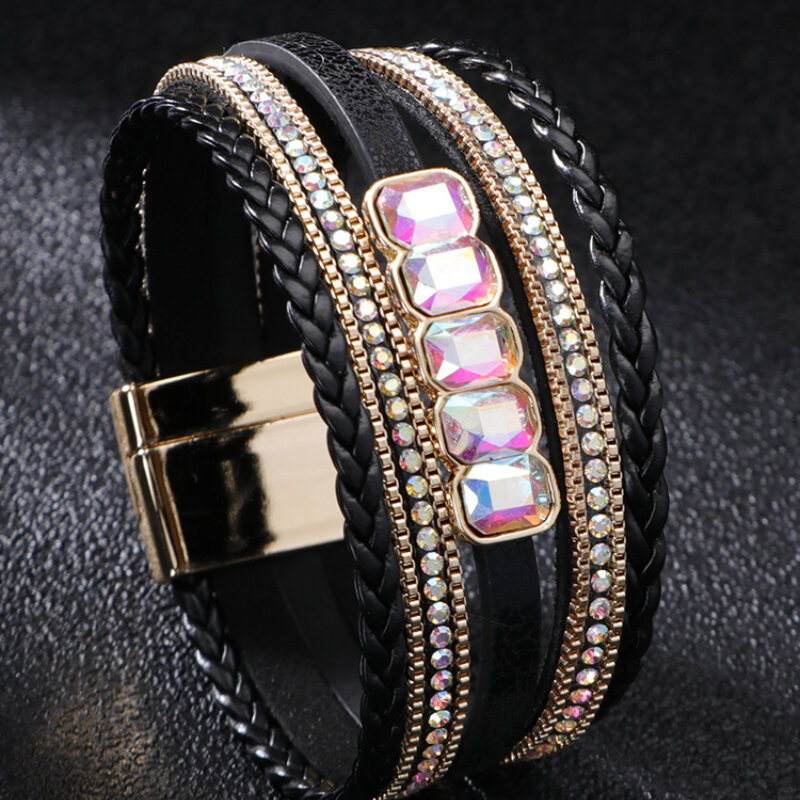 Fashion Rhinestone Boho Color Crystal Pearl Bracelet Hand Woven Multilayer Leather Bracelet luxury bangle bracelet