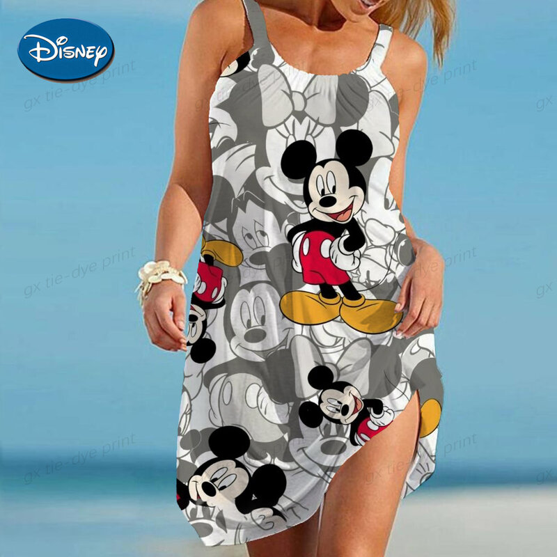 Женское летнее пляжное платье без рукавов, свободное Привлекательное платье с принтом Микки из мультфильма, платье для отдыха, 2023