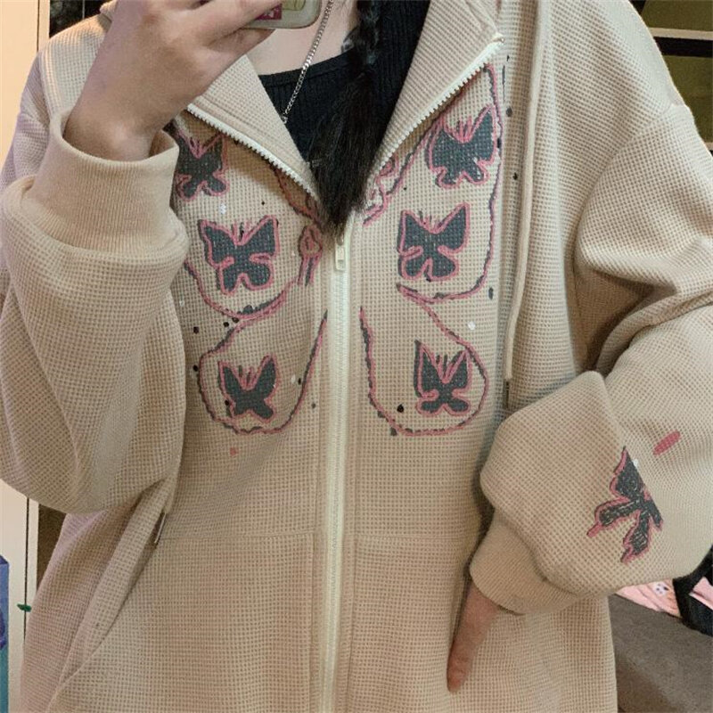 Waffle cardigan sweater coat women's casual all-match new autumn thin loose hooded top