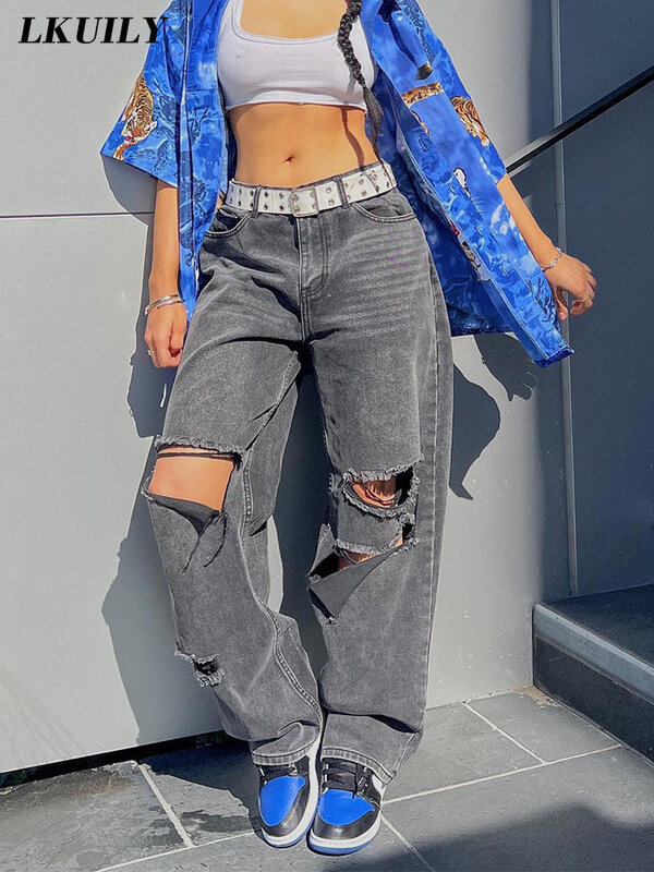 Hole Jeans Women Baggy Fashion Famale Clothing Casual Jeans Low Waist Y2K Streetwear Frayed Loose Aesthetics Straight Trousers