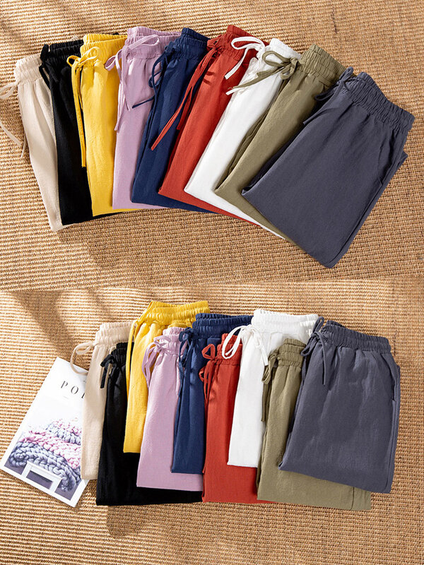 Pantalones bombachos de algodón y lino para mujer, pantalón informal, cintura elástica, color caramelo, suave, alta calidad, primavera y verano