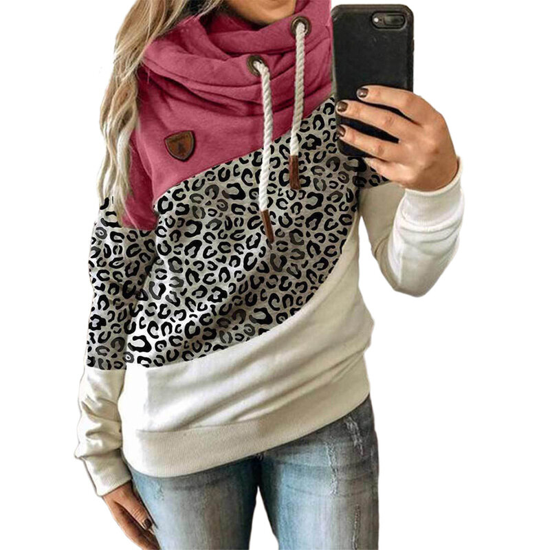 Gola alta retalhos hoodies feminina moda casual manga longa leopardo impresso com capuz moletom feminino inverno quente pullovers