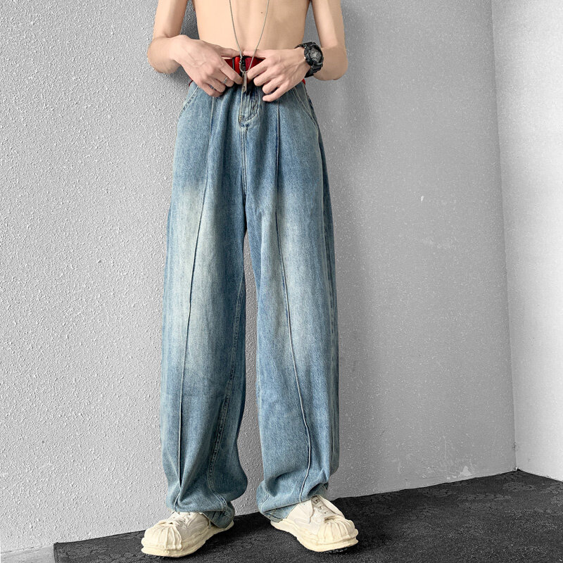 Verão azul/branco calças de brim baggy masculina moda casual calças de brim retas dos homens streetwear solto hip hop pernas largas denim calças masculinas M-2XL