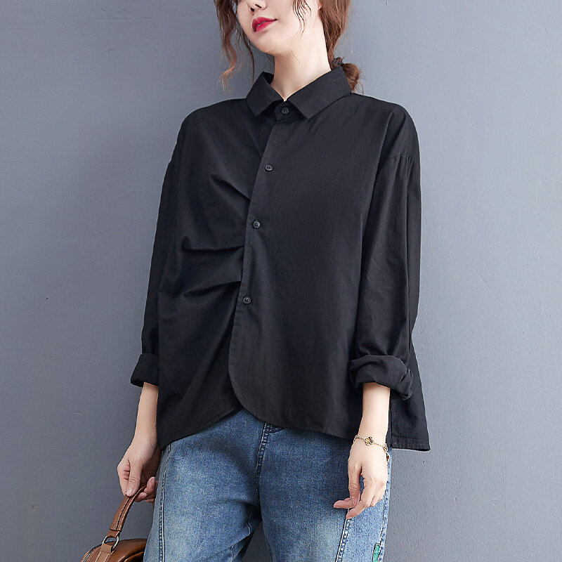Oladivi Long Sleeve Pleated Shirts for Women's Oversized Clothing Fashion Lady Spring Autumn Casual Loose Blouses Top Blusa 7877