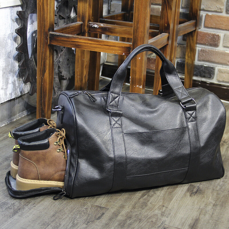Black Dry Wet Separation Men Travel Bags Fitness Handbag Waterproof Leather Shoulder Bag Business Portable Tote Travel Bag