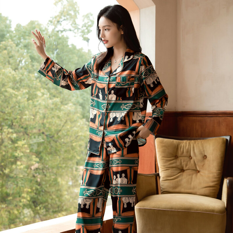 Wanita Piyama Set Abad Pertengahan Cetak Sutra Seperti Pakaian Tidur Pakaian Tidur Santai Klasik Rumah Pakaian Homewear Lengan Panjang Celana Setelan
