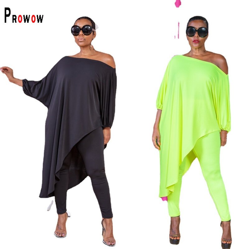 Prowow Women Clothing Set Skew Collar Irregularity Tops Skinny Legging Two Piece Solid Color Female Suits 2022 New Spring Outfit