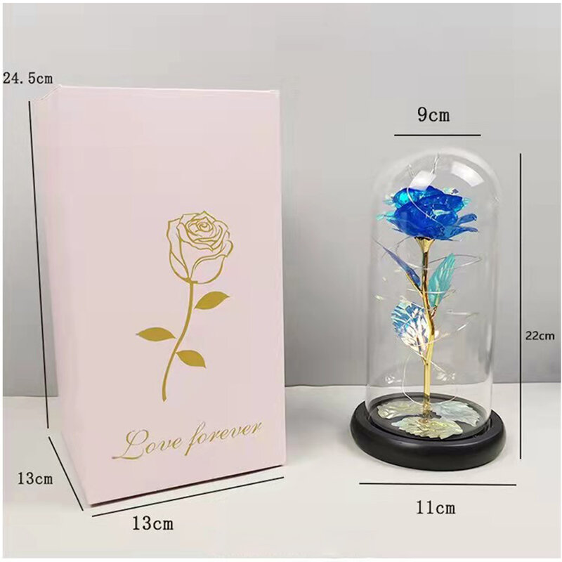 NewArtificial Eternal Rose Lampu LED Beauty The Beast In Glass Bunga Foil Emas Hadiah Hari Valentine Lampu Peri Dekorasi Kamar Tidur