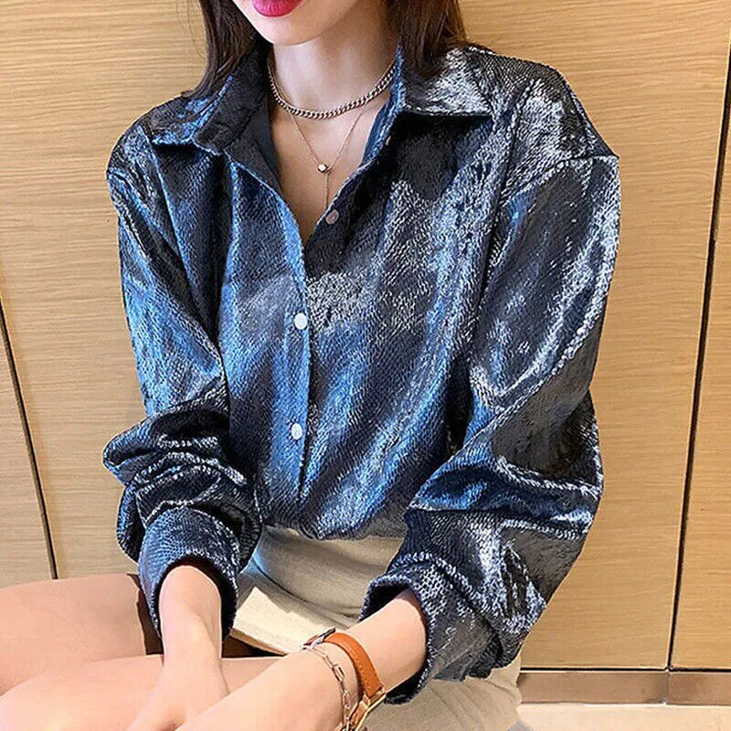 Blusa Vintage de manga larga para mujer, camisa holgada con botones y cuello vuelto a la moda, Color liso, elegante, primavera y otoño