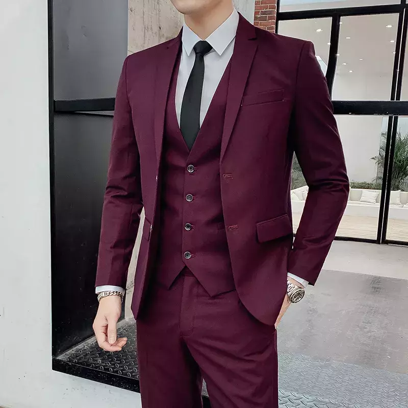 Mężczyźni solidny strój ślubny s męskie kurtki + spodnie + kamizelka zestawy garniturów Groom formalna odzież dopasowana sukienka strój biznes w stylu Casual Fit garnitury 5XL