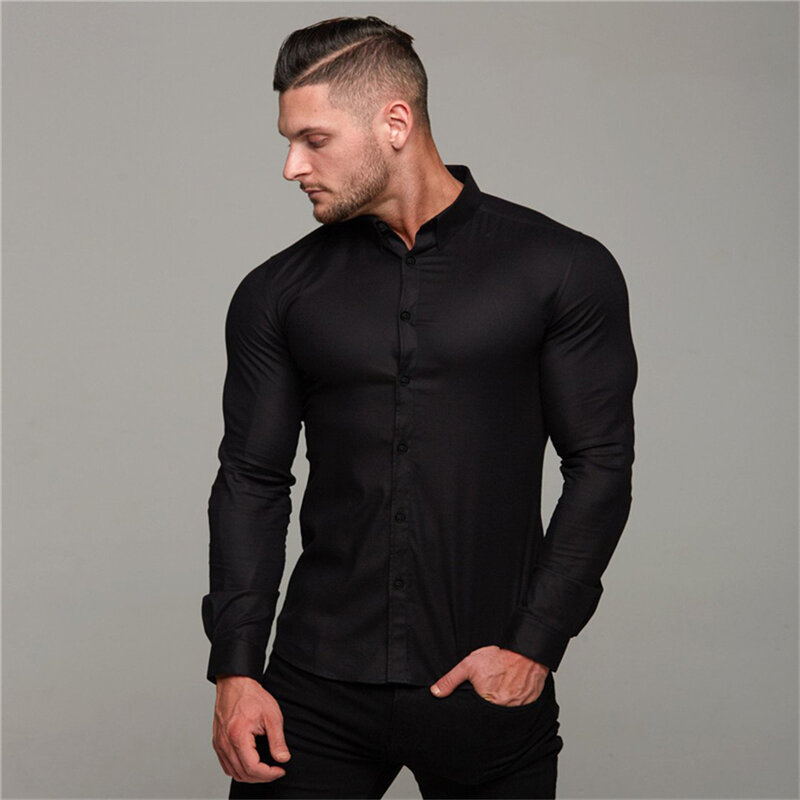 Men's Long Sleeve Super Slim Fit Plain Casual Shirt Spring Autumn Winter High Quality Turn Down Collar Business Dress Shirt Men