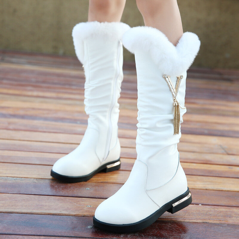 Zimowe dziecięce szkolne buty dziewczęce moda przyczynowe pluszowe długie buty dziecięce księżniczka mieszkania wysokie buty śnieg wodoodporne Martin buty