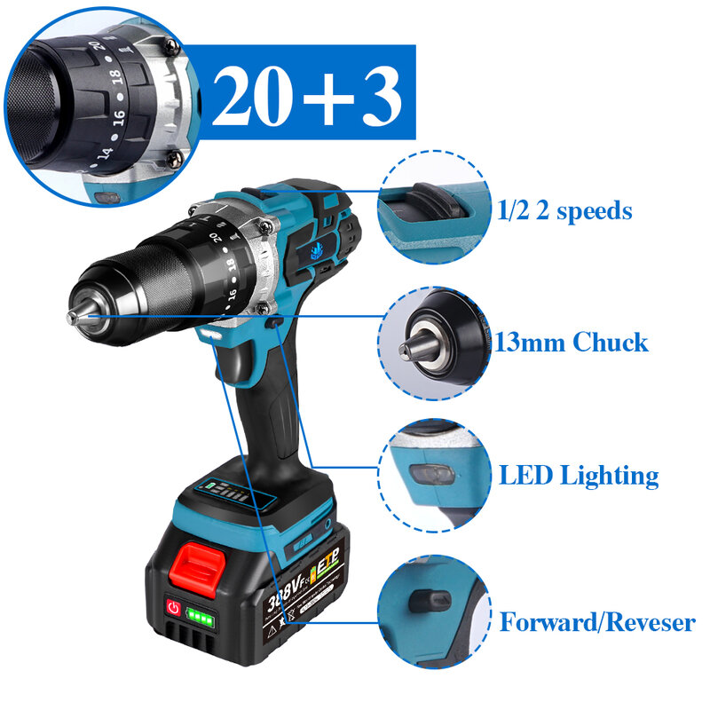 ONEVAN 20+3 Brushless Electric Drill 120N/M 4000mah Battery Cordless Screwdriver With Impact Function Can Drill Ice Power Tools