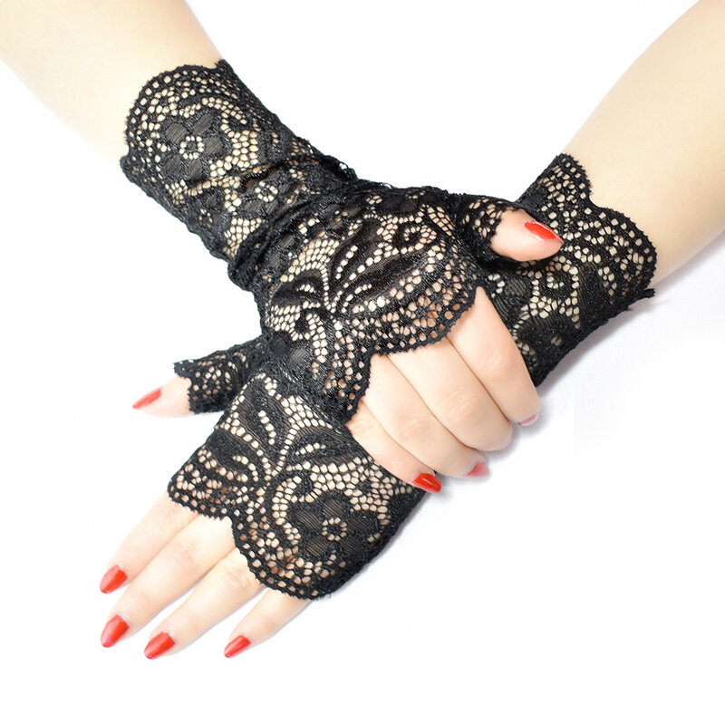 Beige Women's Short Lace Gloves Fingerless for Driving Wedding Wrist Length Bridal Prom Gloves Sunblock Floral Party Gloves