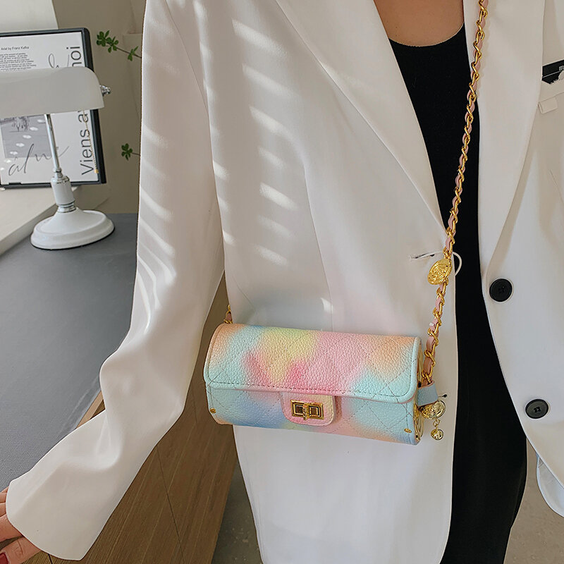 Bolso pequeño con cadena para mujer, bandolera de cuero con entramado de diamantes, a la moda, con textura de Color Premium, 2022