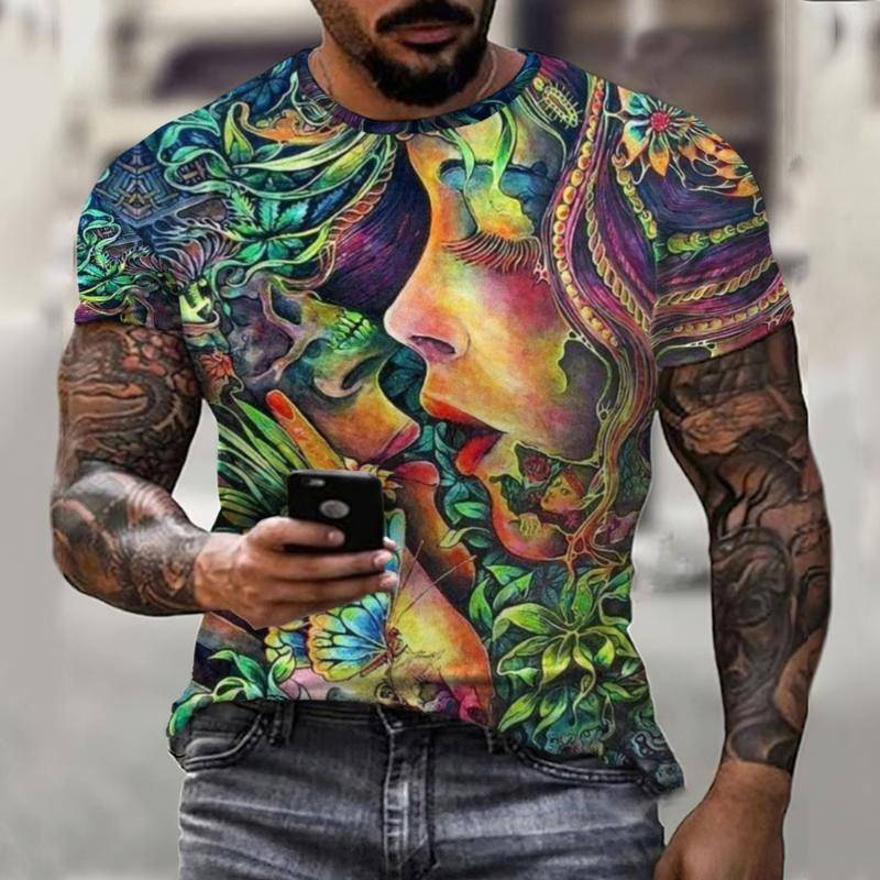 3D 남성 여름 신제품 그래피티 티셔츠 입체 캐주얼 탑 0 넥 프린트 추상 패션 스트리트 반팔 남성용, 거리 패션