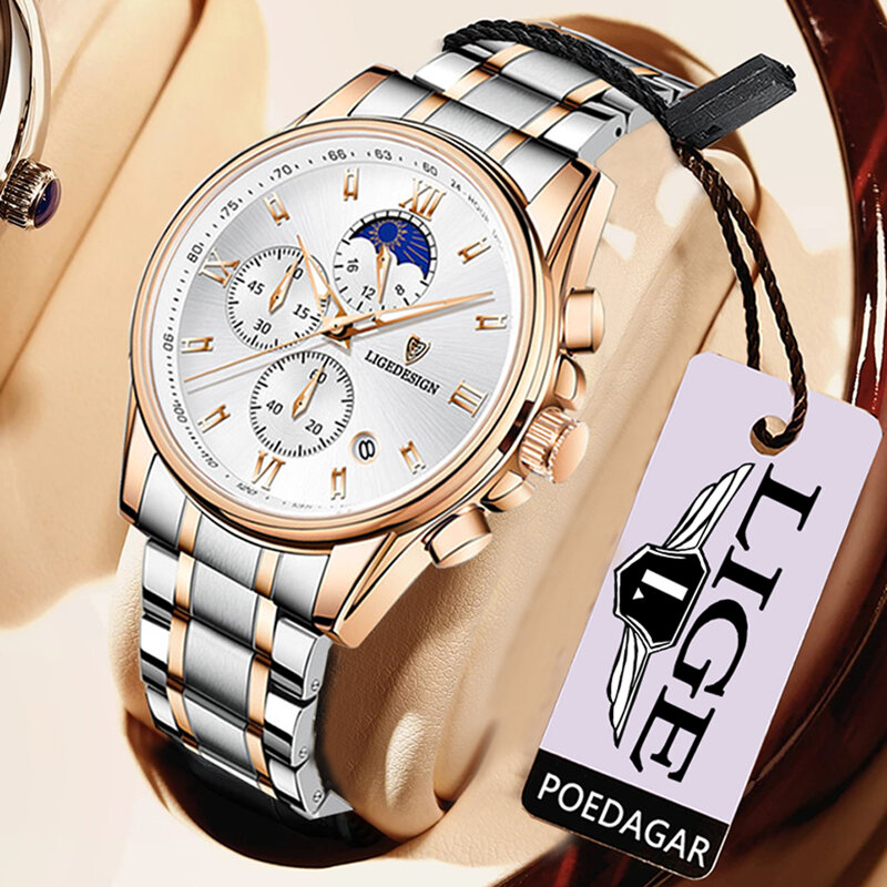 LIGE zegarki ze stali nierdzewnej dla mężczyzn data moda świecąca tarcza z chronografem zegar męskie casualowe zegarki na rękę