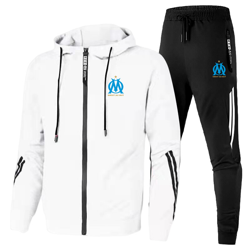 2023 Mens Capuchon Pak Droit Au Maar Marseille Trainingspak Sportkleding Jassen + Broek 2 Stuks Pak Jogging Trui Set nieuwste Logo