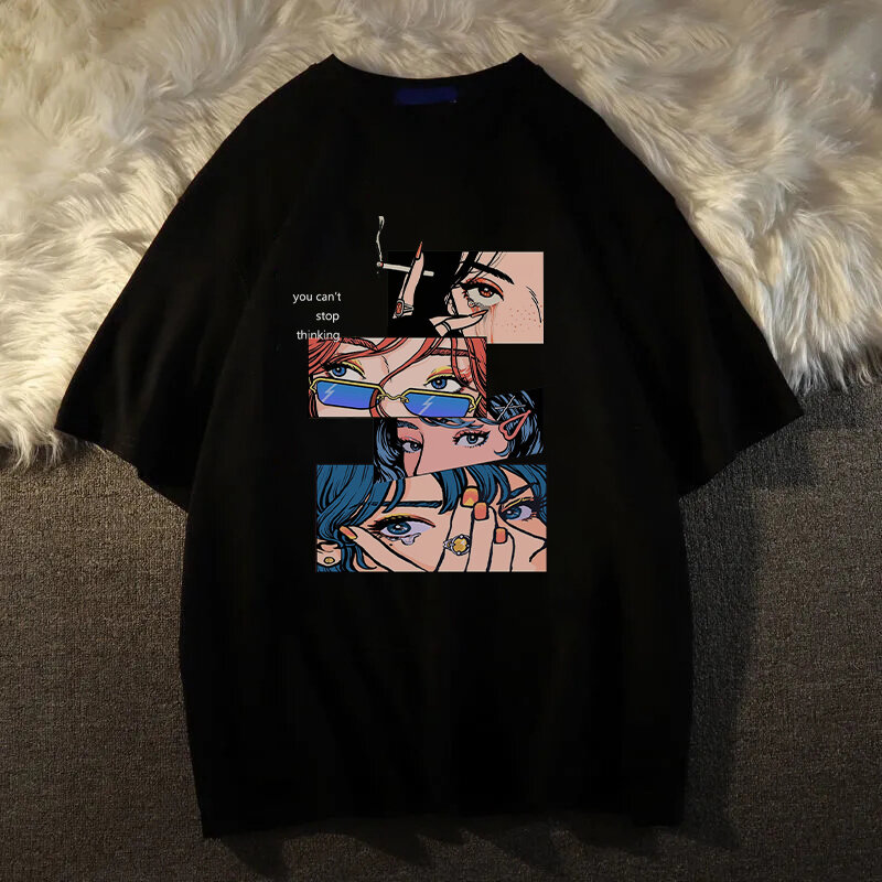 Harajuku camisa de tamanho grande t streetwear anime japonês dos desenhos animados impressão retro camiseta 2022 hip hop casual algodão solto preto