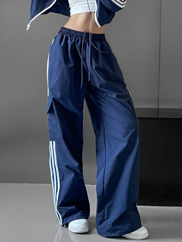 Брюки-карго Y2K женские в полоску, свободные брюки с широкими штанинами, блестящие парашютные штаны с завышенной талией, уличная одежда в сти...