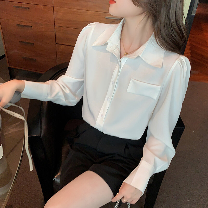Однотонная Классическая Женская рабочая одежда для офиса, женская блузка на весну и лето, с длинным пышным рукавом и отложным воротником, Же...