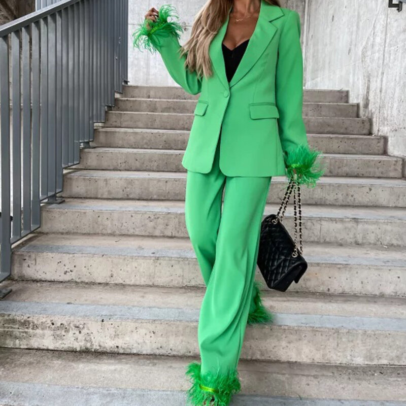 2022 New Fashion Feather Blazer Two Piece Set Women Solid Color Long Sleeve Coat Straight Pants Suits Female Office Commute Suit