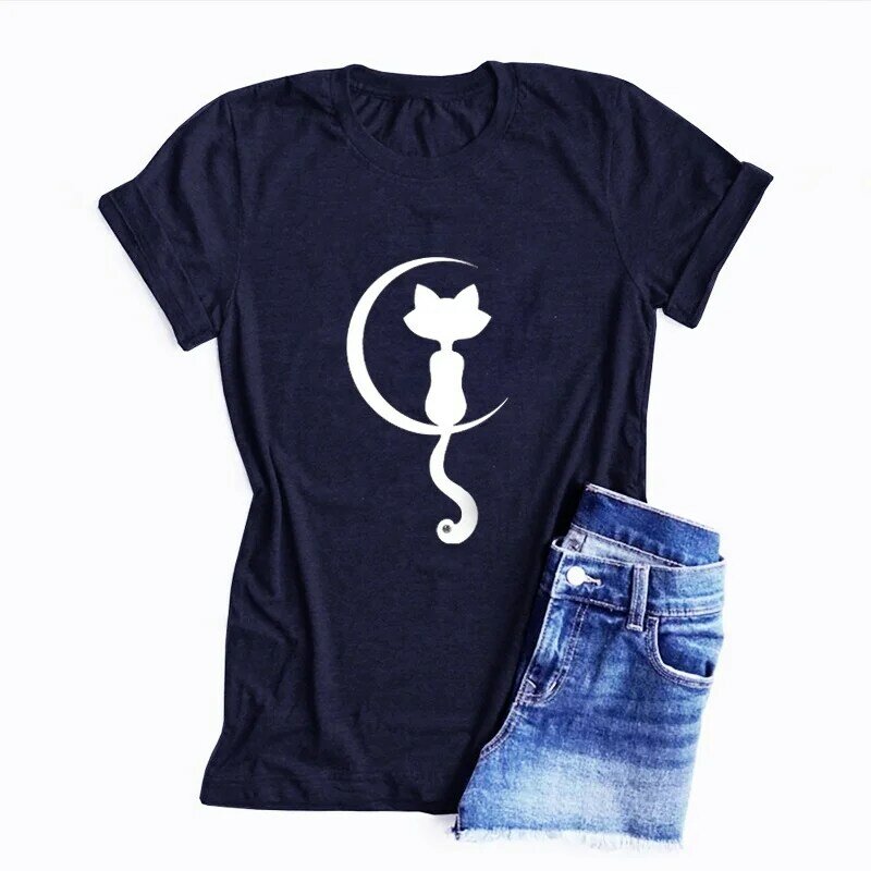 Nova moda feminina verão confortável de alta qualidade gráfico manga curta camiseta casual impressão gato camiseta verão topo gótico