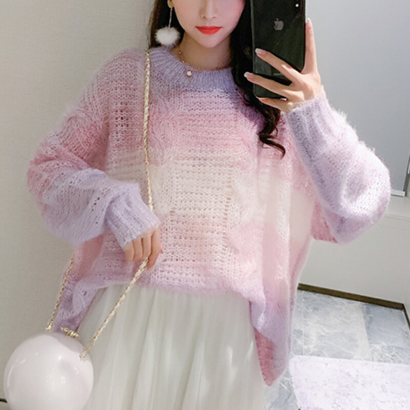 Rainbow Gradient Color Long sleeves Loose Oversized Pullover Sweater 2021 Spring Knitted Sweaters Thin Women Sweaters 1623A