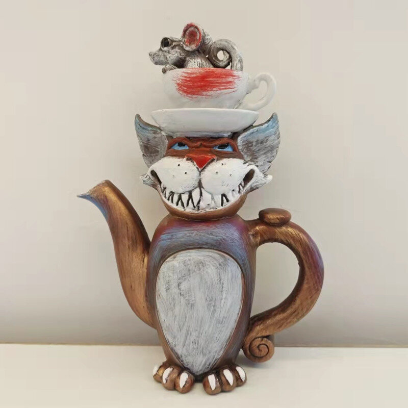 Handmade Art แมวกาน้ำชา Devil Cat ประติมากรรมเรซิ่น Alice Fairy Tale สร้างสรรค์แมวและปลาและนกหัตถกรรมบ้าน decor