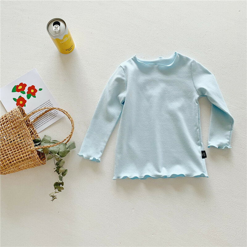 Crianças roupas 2022 primavera outono estilo coreano meninas doces colorido camiseta nova borda agaric manga longa malha camisa casual