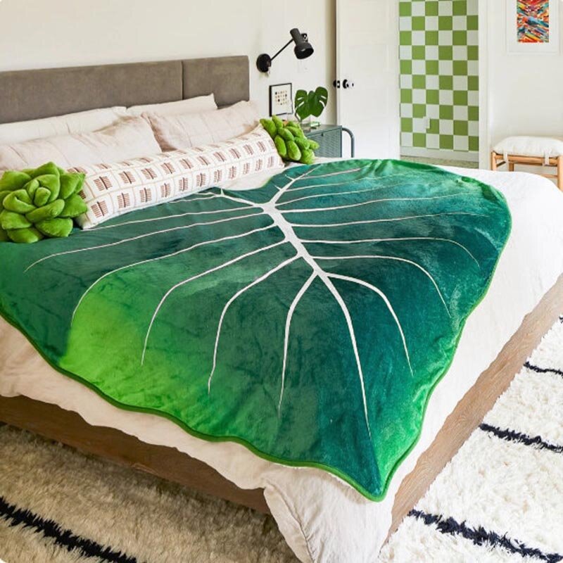 슈퍼 소프트 큰 잎 인쇄 녹색 잎 담요 양털 잎 모양의 담요 잎 따뜻한 침대 소파 담요 200x230cm, 홈 장식